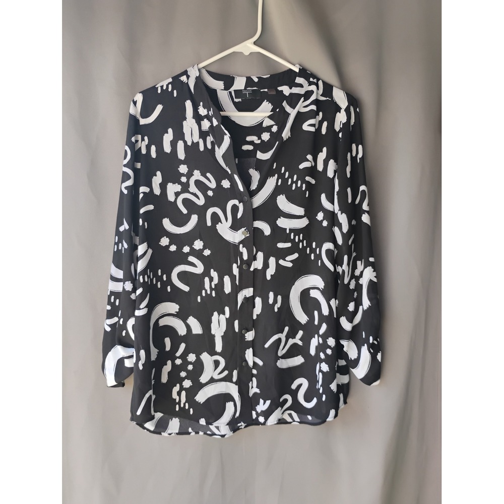 Tahari T Womens Black White Abstract Brushstroke Button Down Blouse Size M